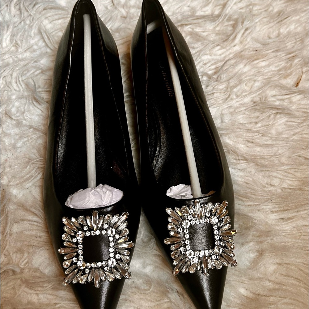 C.Paravano Black Crystal Buckle Pointed Toe Flats